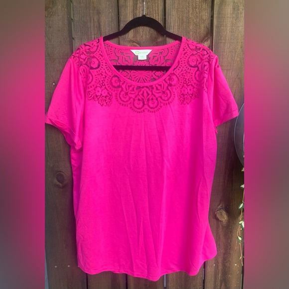 XXL C Wonder Womens T-Shirt HOT Pink Lace Yoke Rounded Hem Short Sleeve Top - Picture 1 of 5